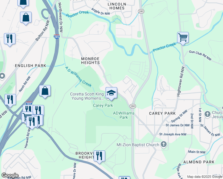 map of restaurants, bars, coffee shops, grocery stores, and more near 1288 Northwest Drive Northwest in Atlanta