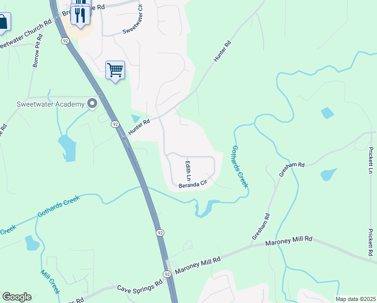 map of restaurants, bars, coffee shops, grocery stores, and more near 758 Beranda Circle in Douglasville