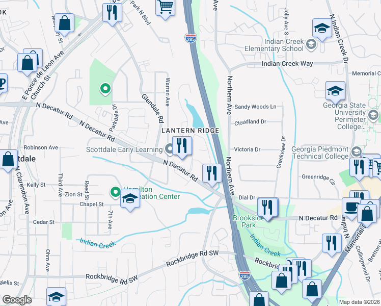 map of restaurants, bars, coffee shops, grocery stores, and more near 3389 Lantern View Ln in Scottdale