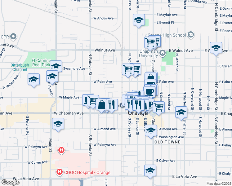 map of restaurants, bars, coffee shops, grocery stores, and more near 561 West Maple Avenue in Orange