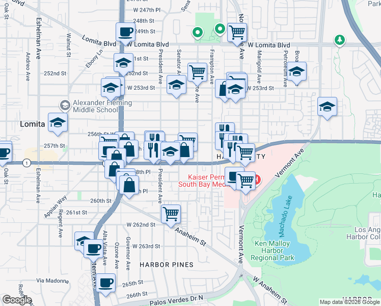 map of restaurants, bars, coffee shops, grocery stores, and more near 1412 257th Street in Los Angeles