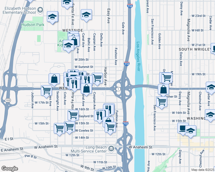 map of restaurants, bars, coffee shops, grocery stores, and more near 1831 Harbor Avenue in Long Beach