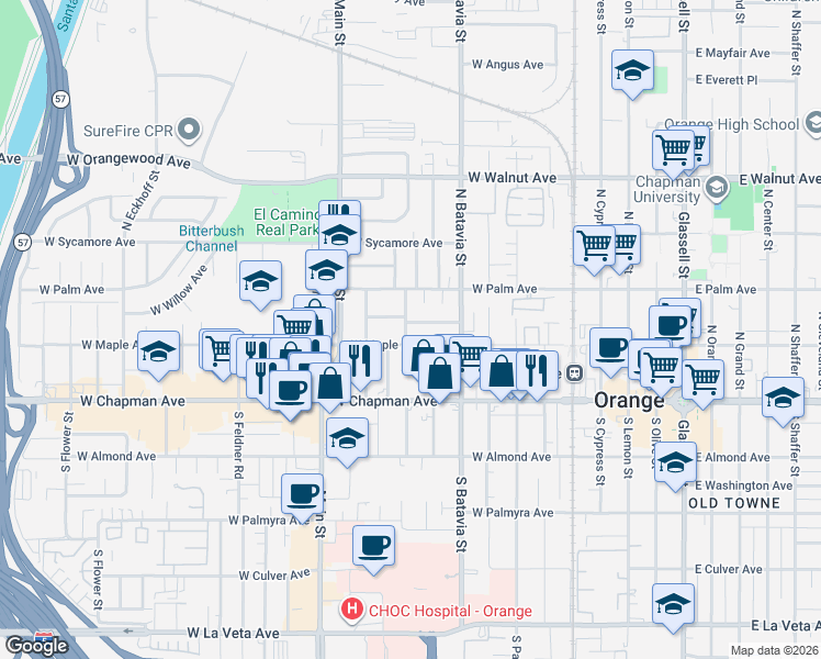 map of restaurants, bars, coffee shops, grocery stores, and more near 1041 West Acacia Avenue in Orange
