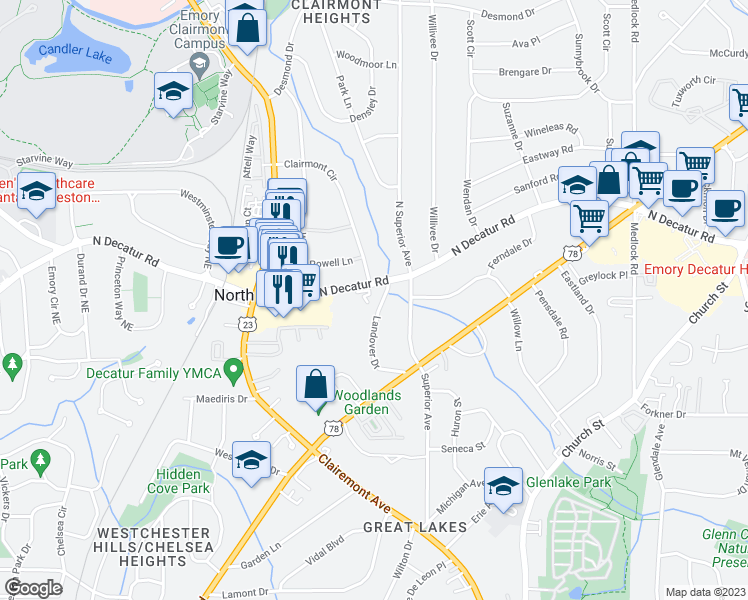 map of restaurants, bars, coffee shops, grocery stores, and more near in North Decatur