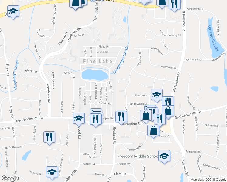 map of restaurants, bars, coffee shops, grocery stores, and more near 509 Spruce Drive in Pine Lake