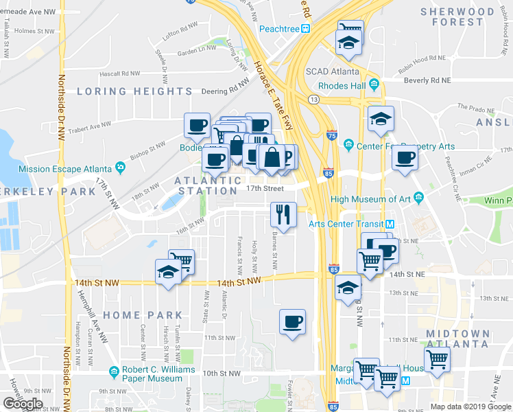 map of restaurants, bars, coffee shops, grocery stores, and more near 213 16th Street Northwest in Atlanta