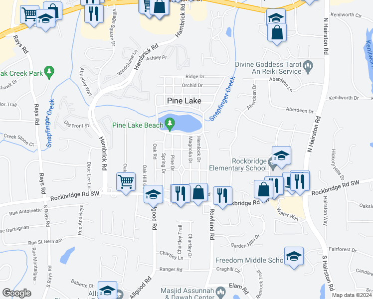 map of restaurants, bars, coffee shops, grocery stores, and more near Dogwood Road in Pine Lake