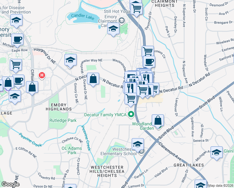 map of restaurants, bars, coffee shops, grocery stores, and more near 510 South Westminster Way in Atlanta