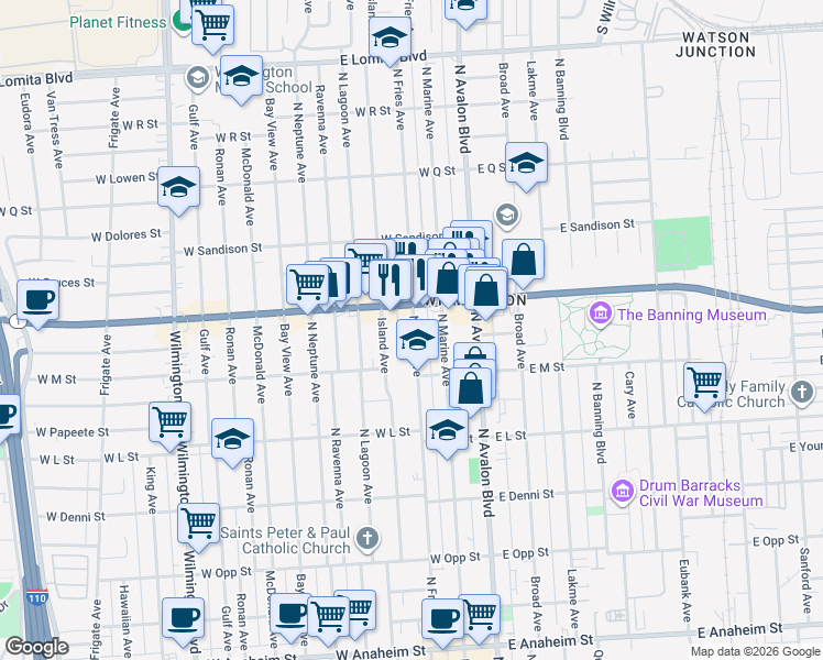 map of restaurants, bars, coffee shops, grocery stores, and more near 1341 North Fries Avenue in Los Angeles