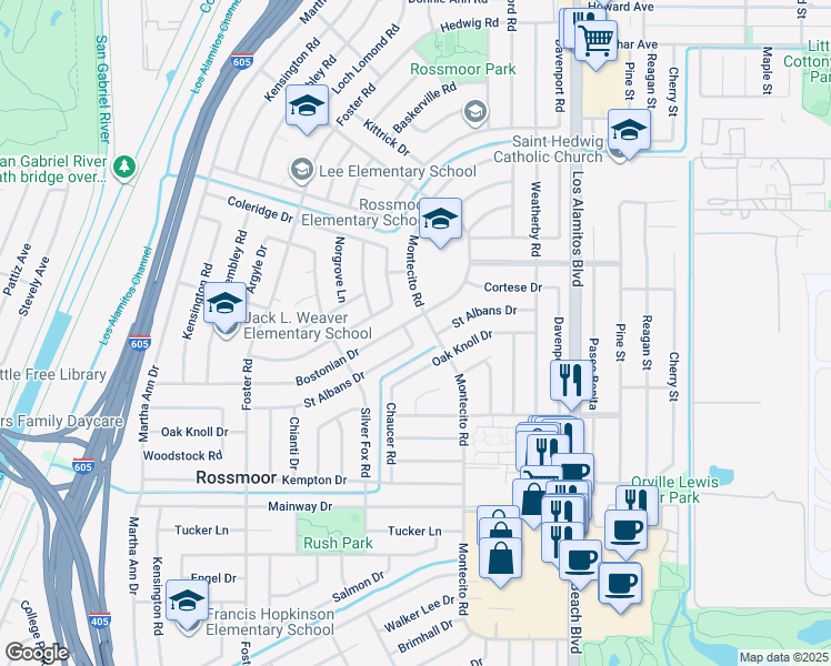 map of restaurants, bars, coffee shops, grocery stores, and more near 11872 Harrisburg Road in Los Alamitos