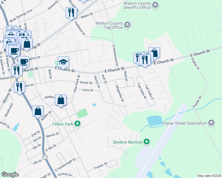 map of restaurants, bars, coffee shops, grocery stores, and more near 405 Ash Street in Monroe