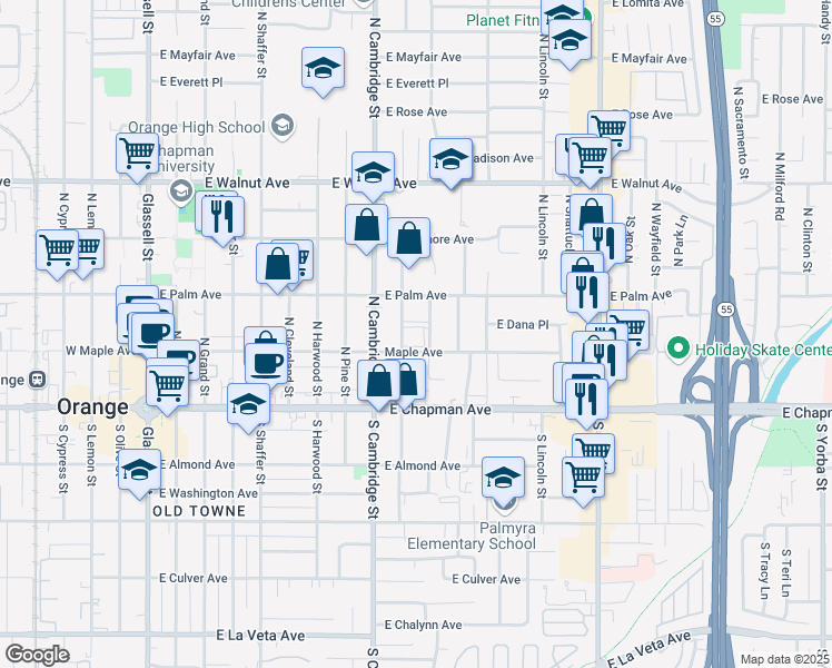 map of restaurants, bars, coffee shops, grocery stores, and more near 1031 East Maple Avenue in Orange