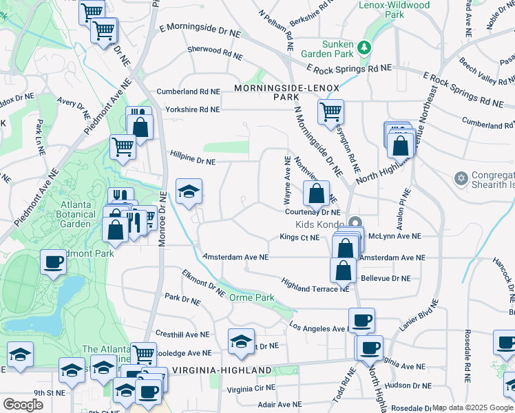 map of restaurants, bars, coffee shops, grocery stores, and more near 781 Courtenay Drive Northeast in Atlanta
