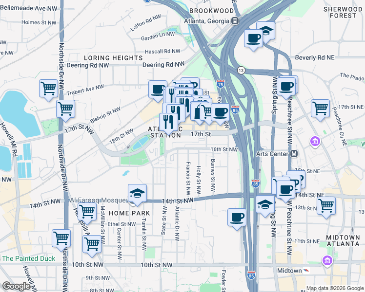 map of restaurants, bars, coffee shops, grocery stores, and more near in Atlanta