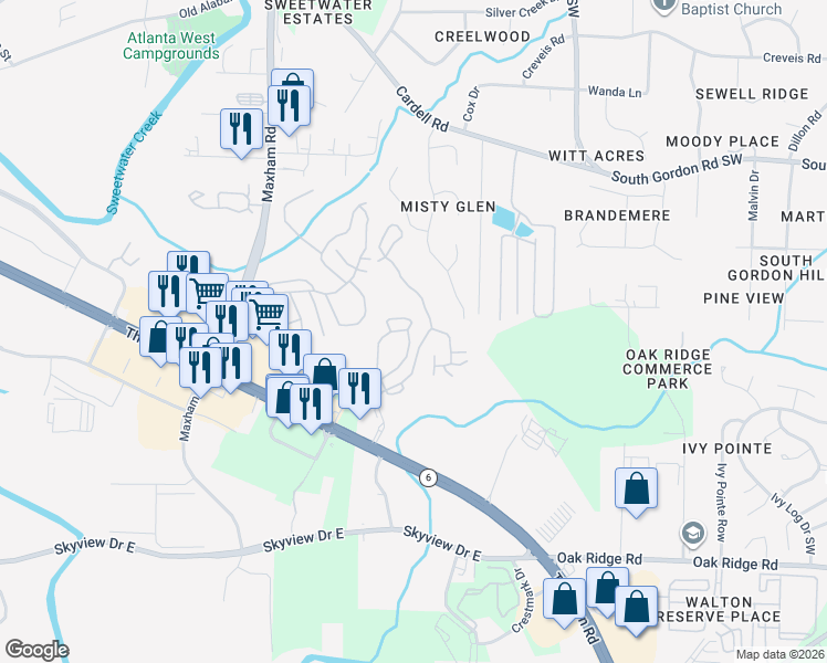 map of restaurants, bars, coffee shops, grocery stores, and more near 670 Thornton Road in Lithia Springs