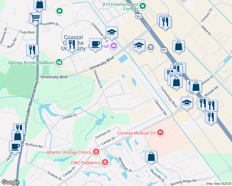 map of restaurants, bars, coffee shops, grocery stores, and more near 134 University Circle in Conway