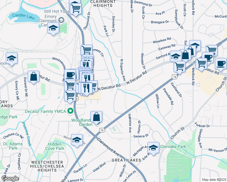 map of restaurants, bars, coffee shops, grocery stores, and more near in North Decatur