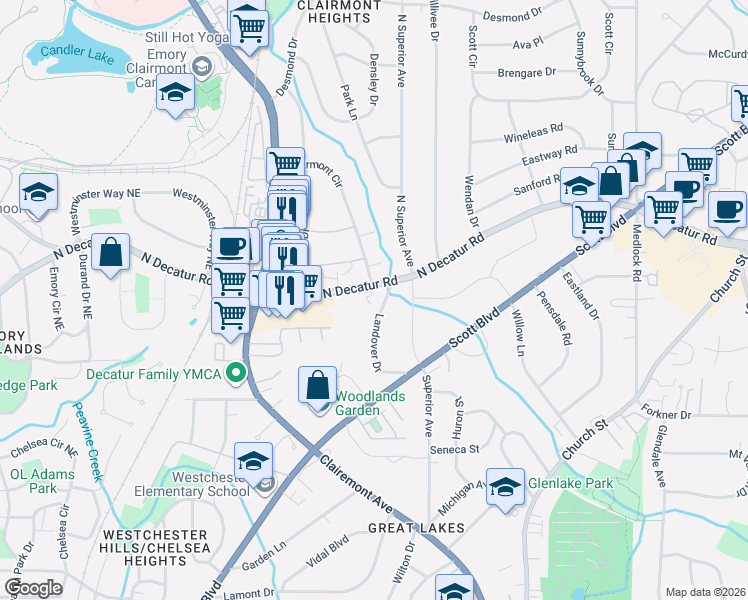 map of restaurants, bars, coffee shops, grocery stores, and more near in North Decatur