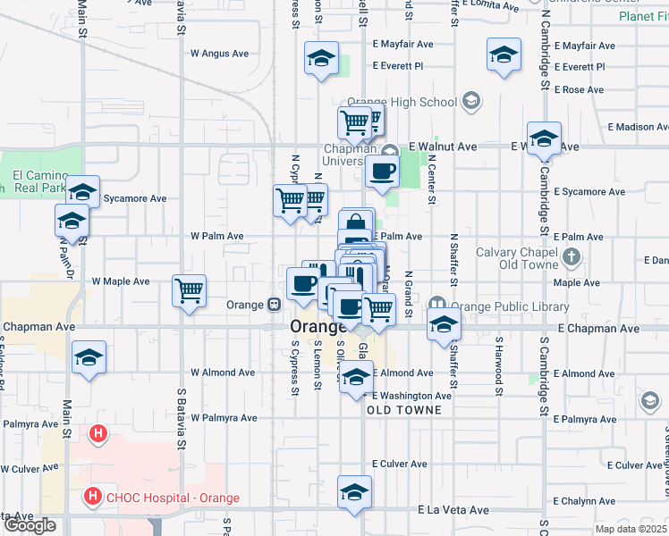 map of restaurants, bars, coffee shops, grocery stores, and more near 224 North Olive Street in Orange