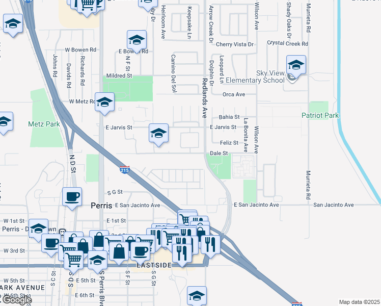 map of restaurants, bars, coffee shops, grocery stores, and more near 346 Dale Street in Perris