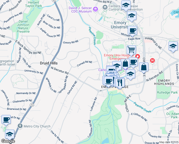 map of restaurants, bars, coffee shops, grocery stores, and more near 1278 Oxford Road Northeast in Atlanta