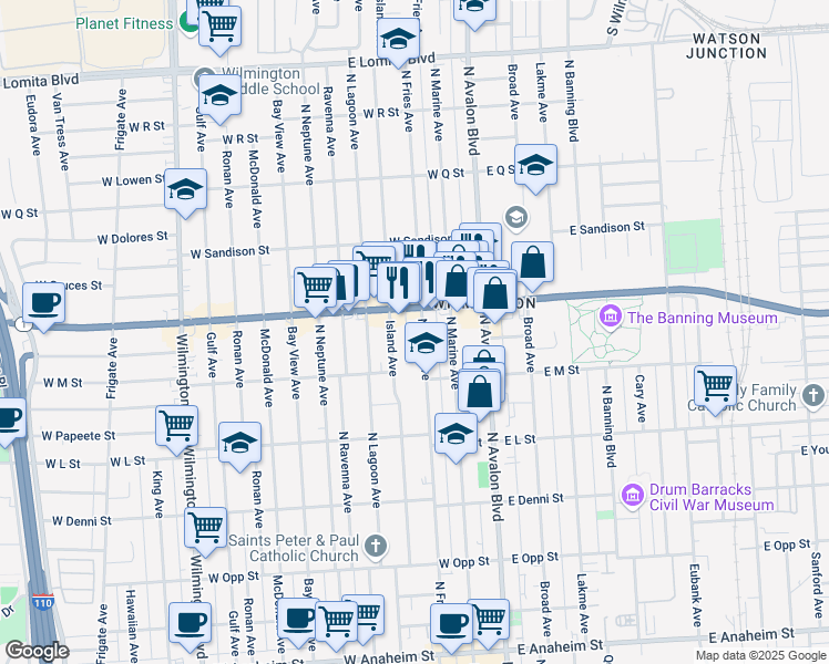 map of restaurants, bars, coffee shops, grocery stores, and more near 1341 North Fries Avenue in Los Angeles