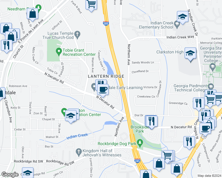 map of restaurants, bars, coffee shops, grocery stores, and more near 3683 Lantern Walk Lane in Scottdale