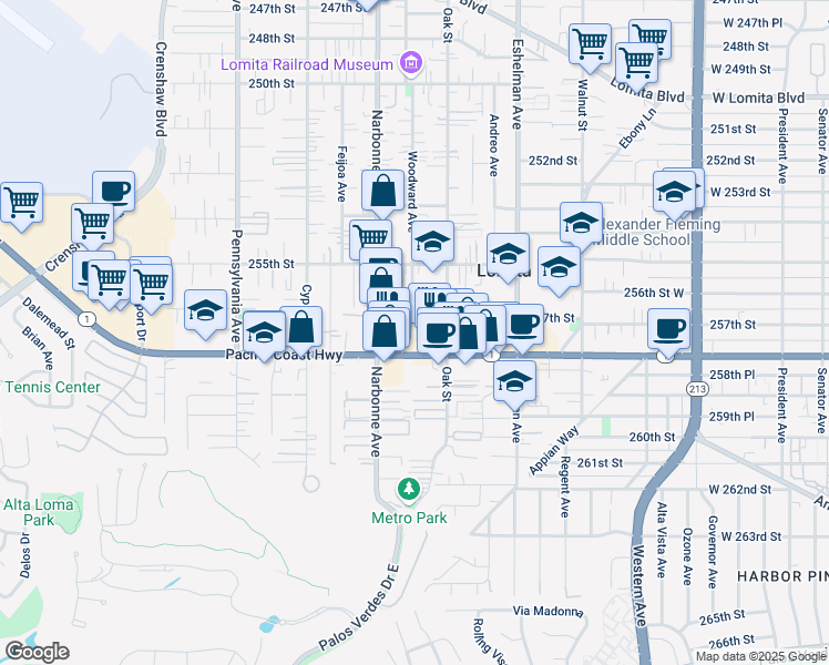 map of restaurants, bars, coffee shops, grocery stores, and more near 2155 Pacific Coast Highway in Lomita