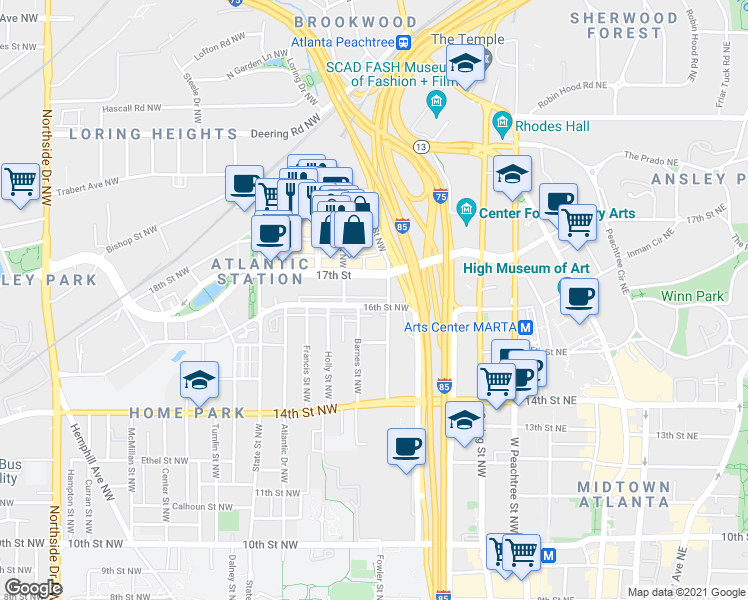 map of restaurants, bars, coffee shops, grocery stores, and more near 209 16th Street Northwest in Atlanta