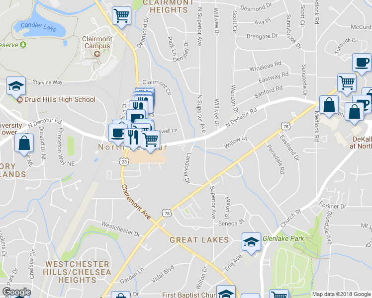 map of restaurants, bars, coffee shops, grocery stores, and more near 485 Sherman Way in Decatur