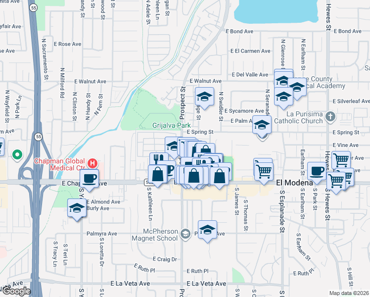 map of restaurants, bars, coffee shops, grocery stores, and more near 230 North Shasta Street in Orange