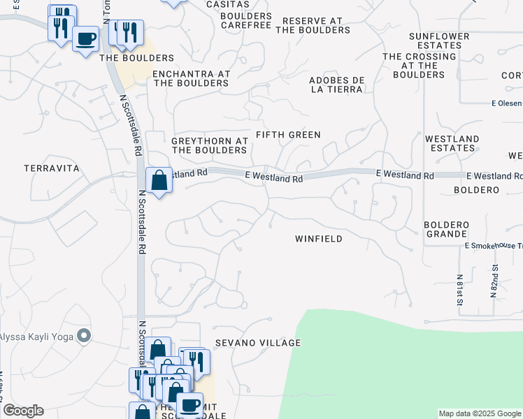 map of restaurants, bars, coffee shops, grocery stores, and more near 7550 East Soaring Eagle Way in Scottsdale