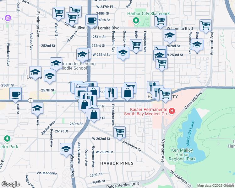 map of restaurants, bars, coffee shops, grocery stores, and more near 1532 257th Street in Los Angeles