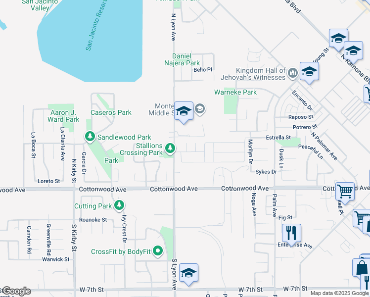 map of restaurants, bars, coffee shops, grocery stores, and more near Majesty Circle in San Jacinto