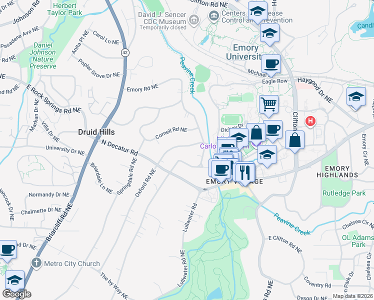 map of restaurants, bars, coffee shops, grocery stores, and more near 1293 Oxford Road Northeast in Atlanta