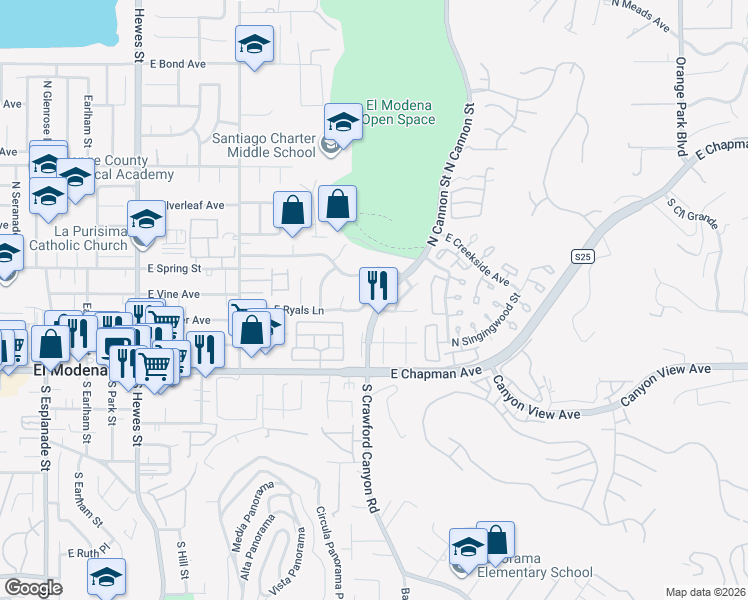 map of restaurants, bars, coffee shops, grocery stores, and more near 245 North Bobwhite Way in Orange