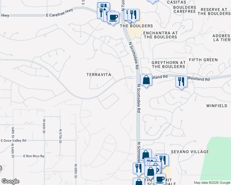 map of restaurants, bars, coffee shops, grocery stores, and more near 33589 North 70th Way in Scottsdale
