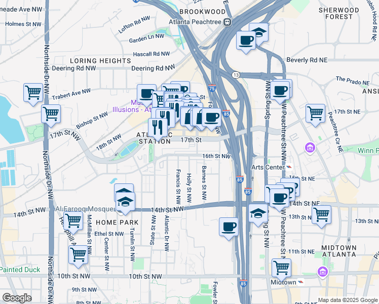 map of restaurants, bars, coffee shops, grocery stores, and more near 217 16th Street Northwest in Atlanta