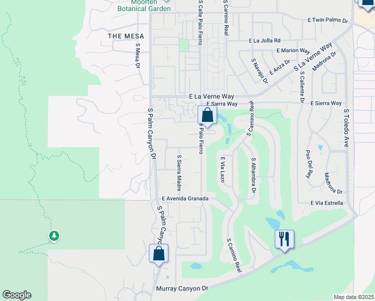 map of restaurants, bars, coffee shops, grocery stores, and more near 489 San Jose Road in Palm Springs