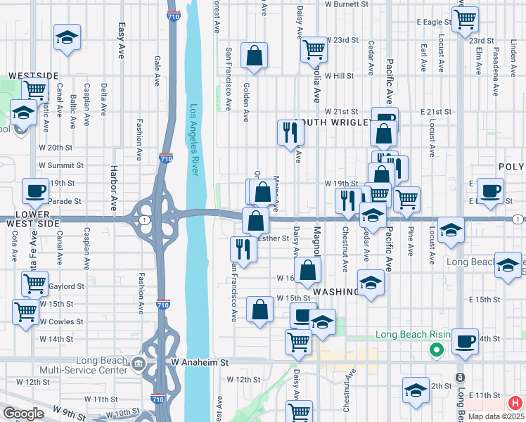 map of restaurants, bars, coffee shops, grocery stores, and more near 1816 Oregon Avenue in Long Beach