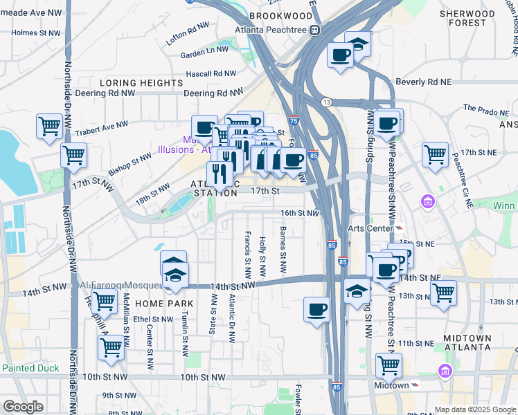 map of restaurants, bars, coffee shops, grocery stores, and more near 217 16th Street Northwest in Atlanta
