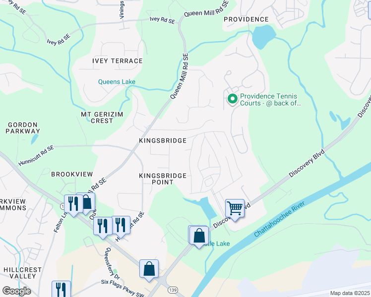 map of restaurants, bars, coffee shops, grocery stores, and more near 109 Lindsey Court in Mableton