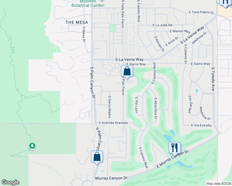 map of restaurants, bars, coffee shops, grocery stores, and more near 340 East San Jose Road in Palm Springs