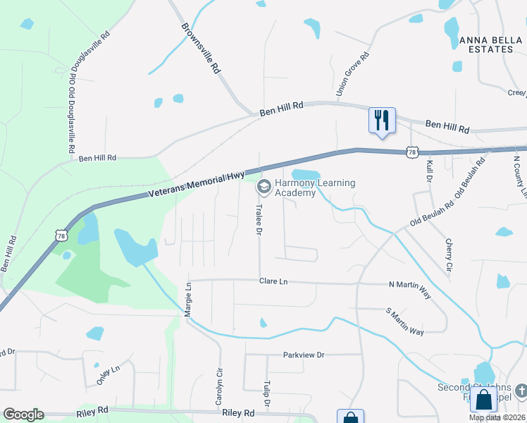 map of restaurants, bars, coffee shops, grocery stores, and more near 6776 Tralee Drive in Lithia Springs