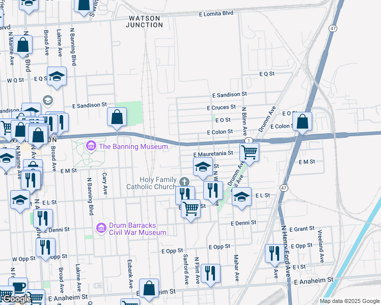 map of restaurants, bars, coffee shops, grocery stores, and more near 1023 East Mauretania Street in Los Angeles