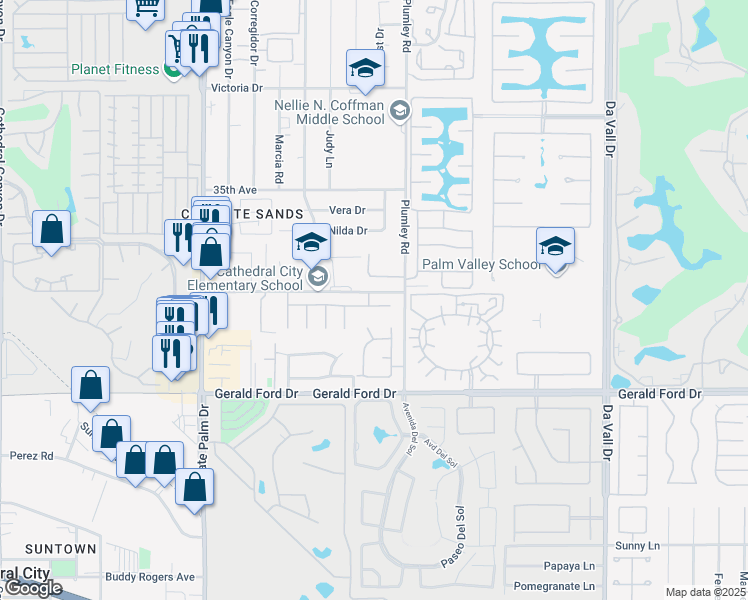 map of restaurants, bars, coffee shops, grocery stores, and more near 69458 Serenity Road in Cathedral City