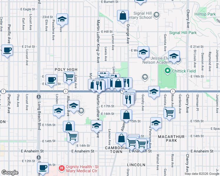 map of restaurants, bars, coffee shops, grocery stores, and more near 1075 Pacific Coast Highway in Long Beach