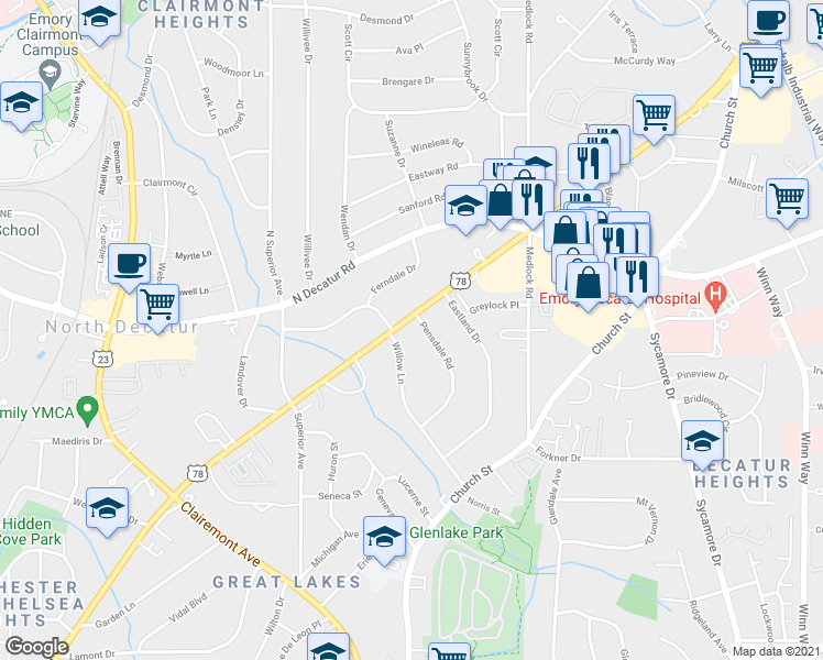 map of restaurants, bars, coffee shops, grocery stores, and more near 1359 Scott Boulevard in Decatur