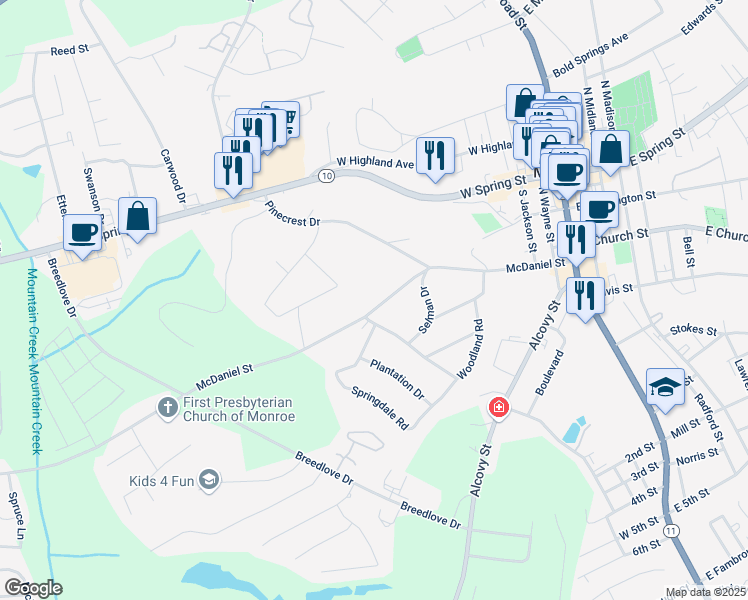 map of restaurants, bars, coffee shops, grocery stores, and more near 416 McDaniel Street in Monroe
