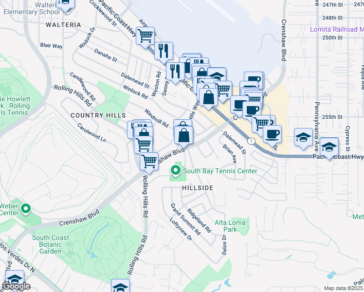 map of restaurants, bars, coffee shops, grocery stores, and more near 25628 Rolling Hills Way in Torrance